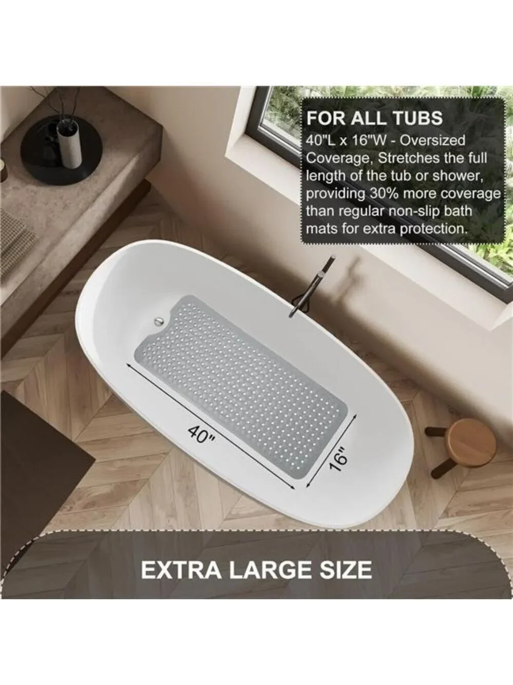 Non Slip Bath Mat Large Bathtub Shower Mat Suction Cups Drain Holes Gray PVC